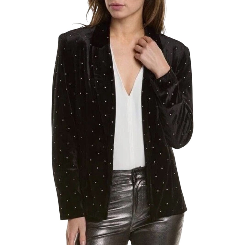 Nanette Lepore Velvet Blazer Women 10 Black Rhinestone Studded Open Front